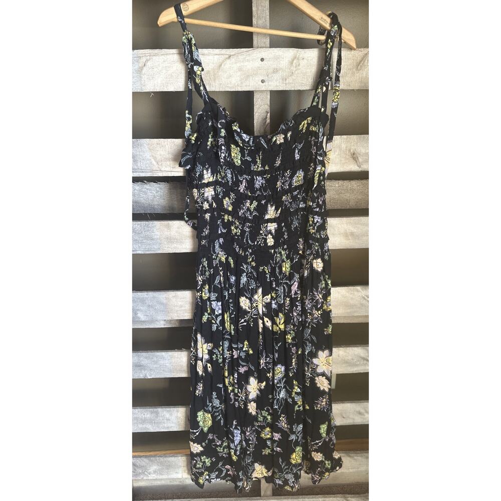 NWT Free People Midnight Combo Black Floral Midi Sleeveless Dress Smocked Ties